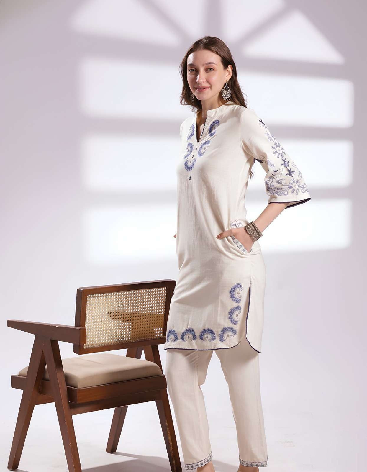 Elegant Cream Embroidered Kurta Set for Women