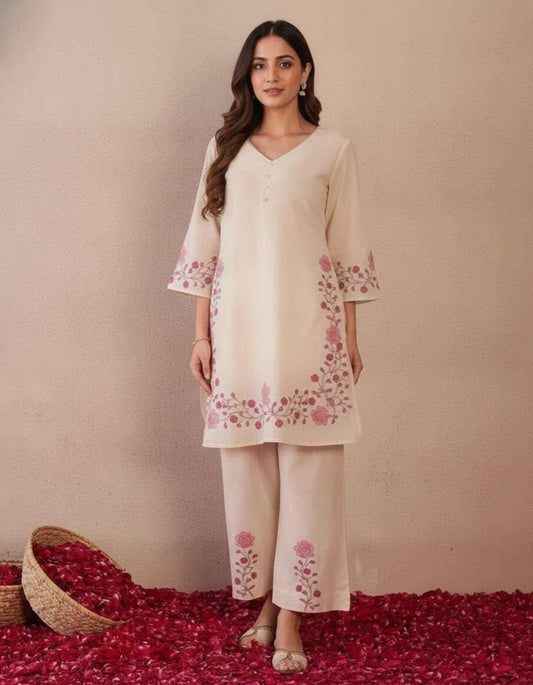 Women's Elegant Off-White Floral Embroidered Kurta & Palazzo Set