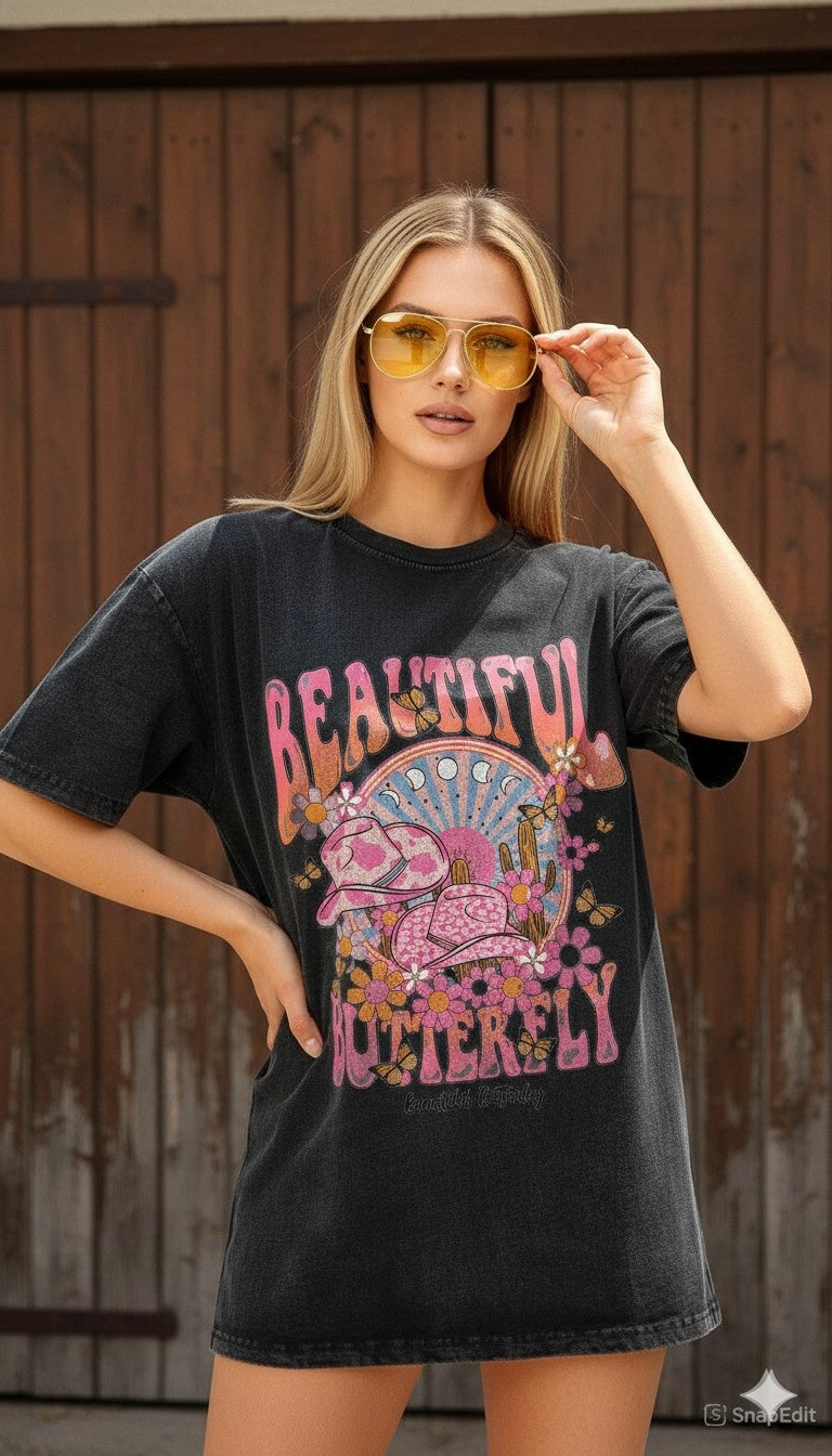 Beautiful Butterflies Oversized Acid Wash T-Shirt Dress - 240 GSM Premium Cotton