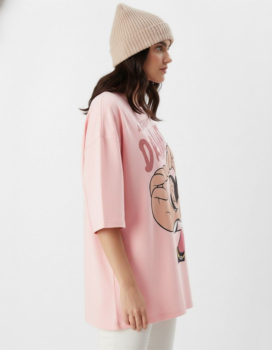 Women's Oversized Pink Graphic Printed T-Shirt – A Little Bollywood Relaxed Fit Cotton Tee