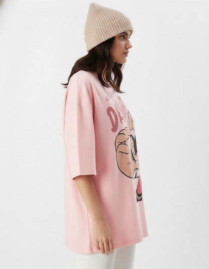 Women's Oversized Pink Graphic Printed T-Shirt – A Little Bollywood Relaxed Fit Cotton Tee
