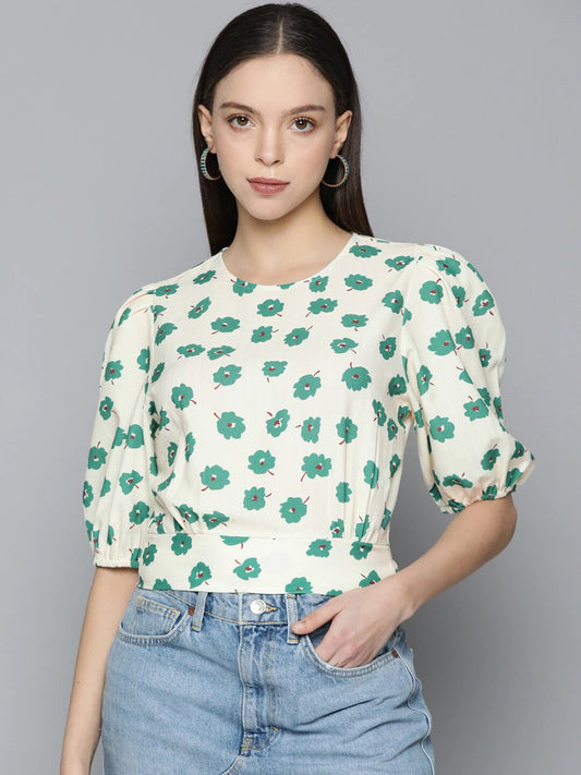 Women's White Floral Print Puff Sleeve Crop Top – Casual Round Neck Cinched Waist Top
