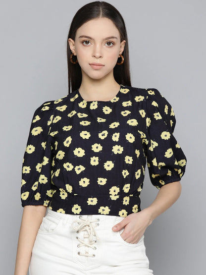 Black puff-sleeve blouse