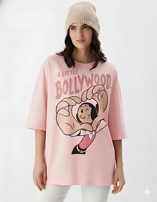 Women's Oversized Pink Graphic Printed T-Shirt – A Little Bollywood Relaxed Fit Cotton Tee