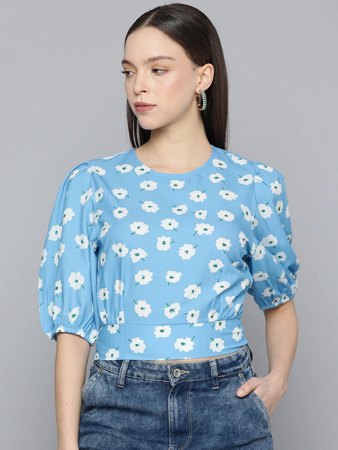 Women's Blue Floral Print Puff Sleeve Crop Top – Casual Round Neck Cinched Waist Top
