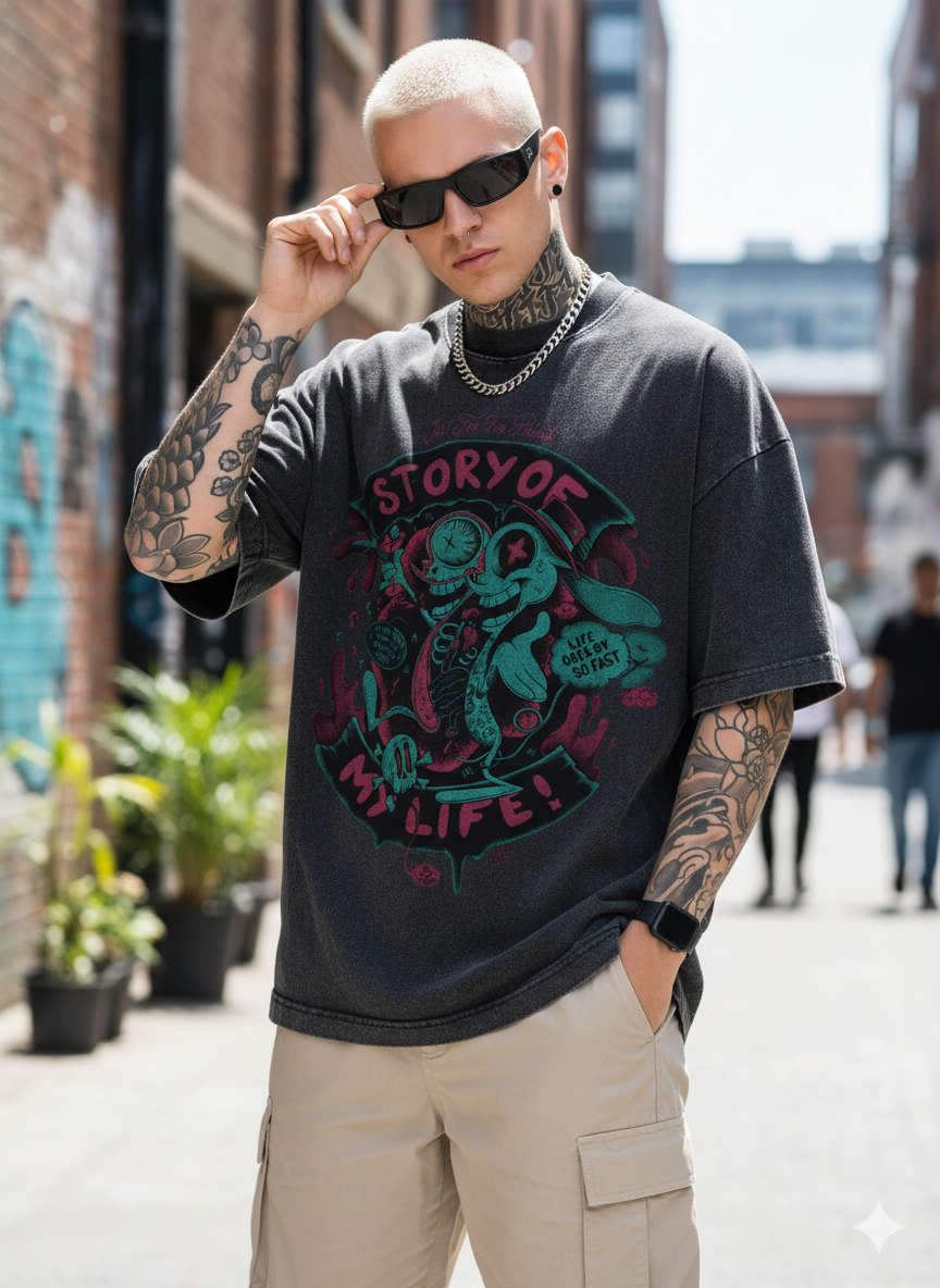 Men's Oversized Story of My Life Graphic T-Shirt | Premium Cotton Acid Wash Tee