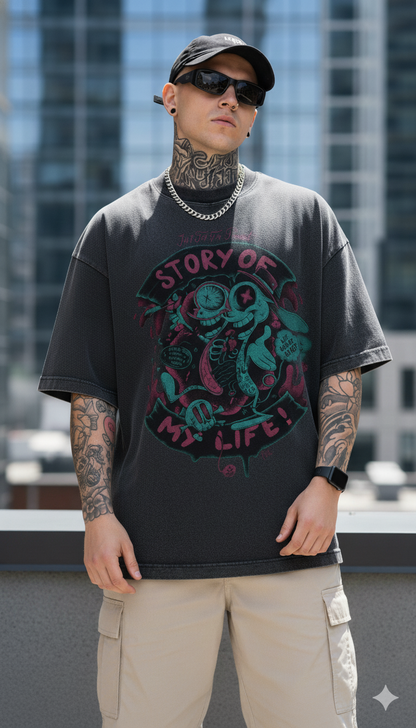 Men's Oversized Story of My Life Graphic T-Shirt | Premium Cotton Acid Wash Tee