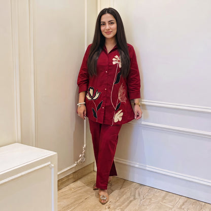 Maroon Botanical Appliqué Co-ord Set