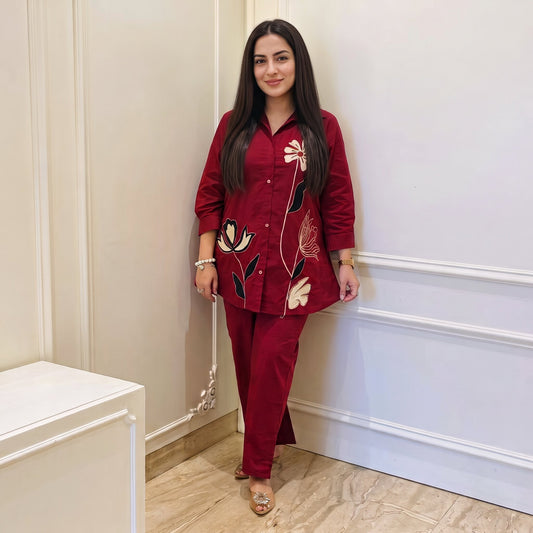 Maroon Botanical Appliqué Co-ord Set