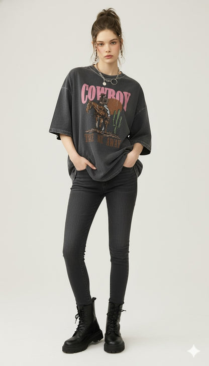 Cowboy Take Me Away Oversized Acid Wash T-Shirt - 240 GSM Premium Cotton