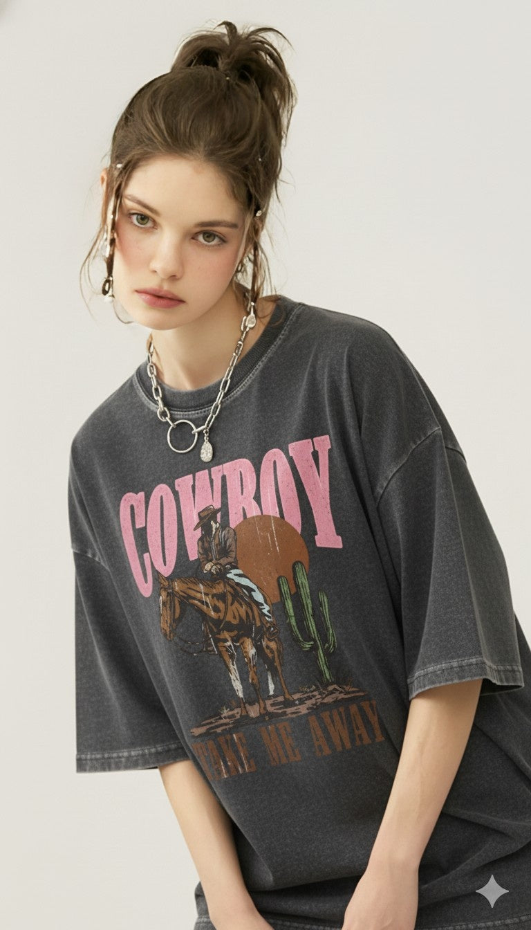 Cowboy Take Me Away Oversized Acid Wash T-Shirt - 240 GSM Premium Cotton
