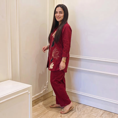 Maroon Botanical Appliqué Co-ord Set