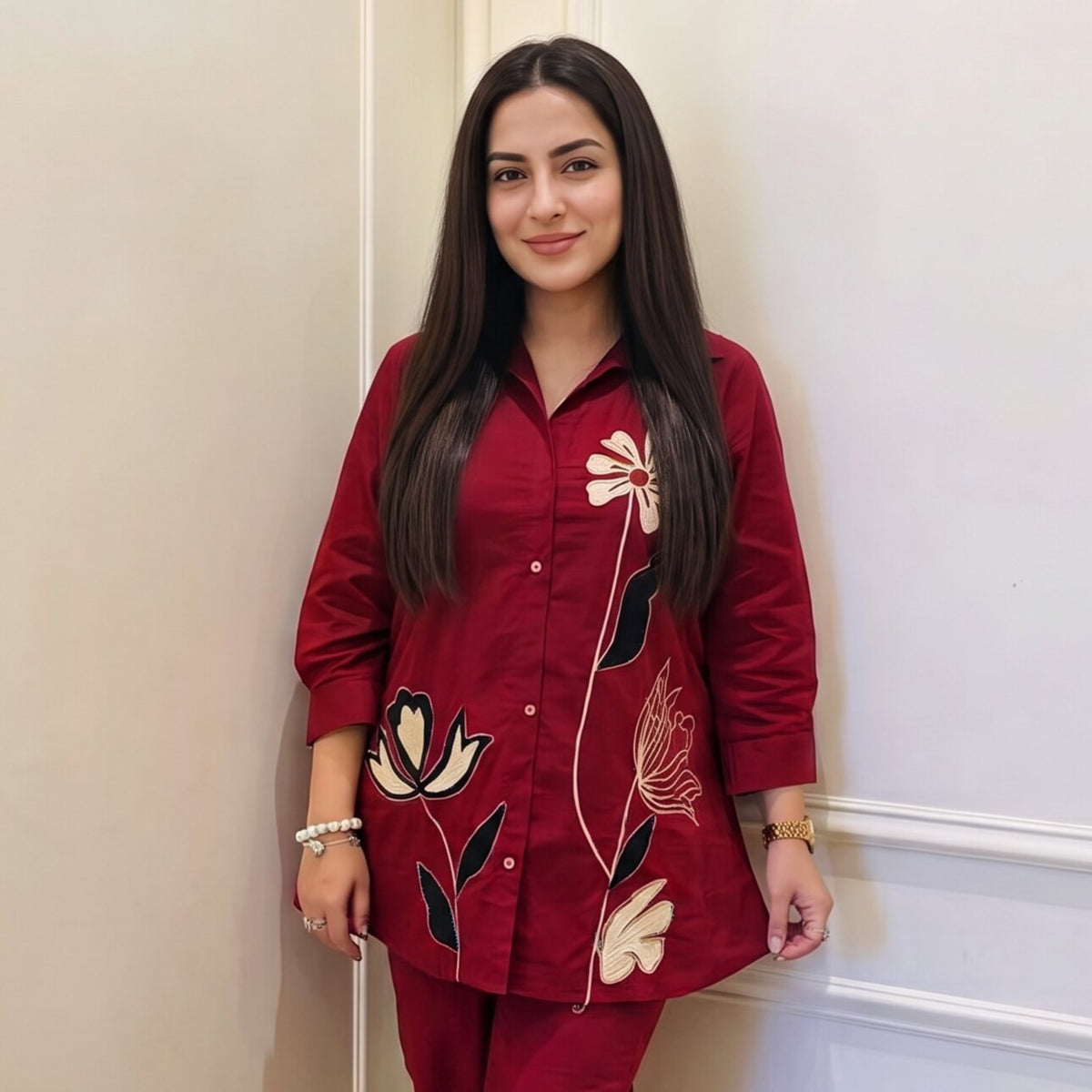 Maroon Botanical Appliqué Co-ord Set