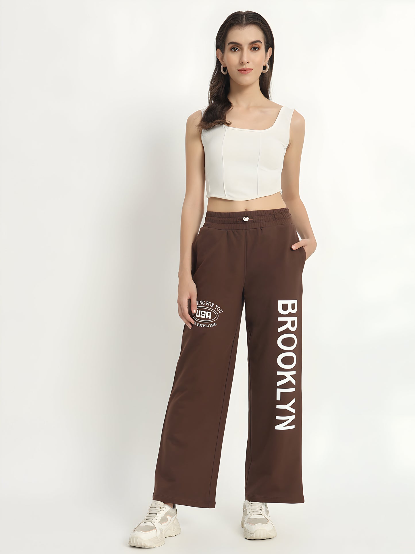 Women's Brown Brooklyn Printed Wide Leg Track Pants – High Waist Casual Lounge Trousers