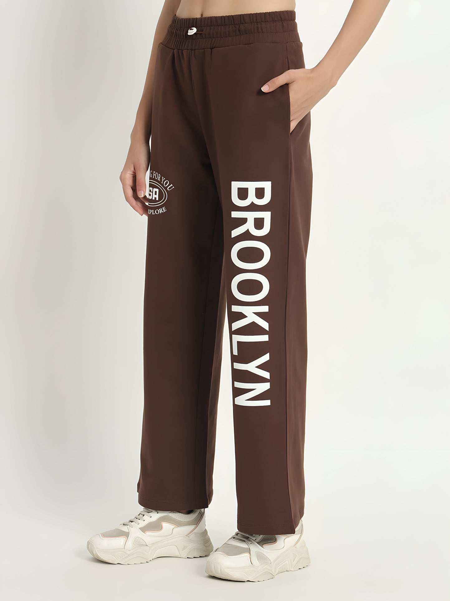 Women's Brown Brooklyn Printed Wide Leg Track Pants – High Waist Casual Lounge Trousers