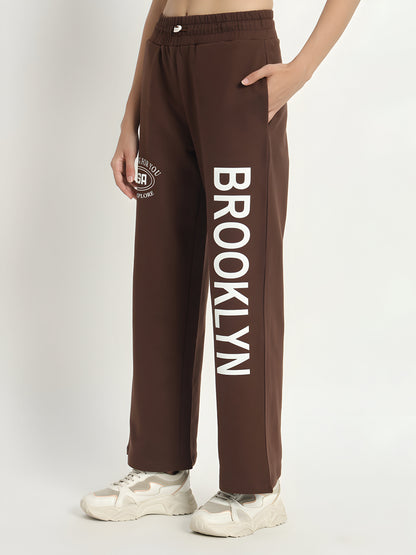 Women's Brown Brooklyn Printed Wide Leg Track Pants – High Waist Casual Lounge Trousers
