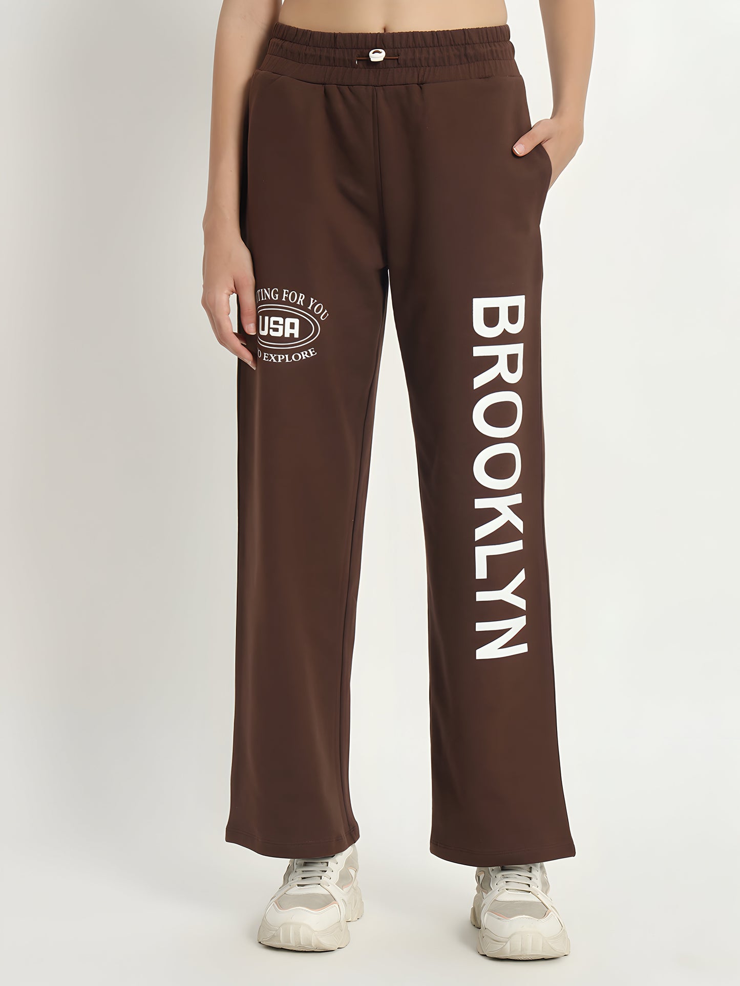 Women's Brown Brooklyn Printed Wide Leg Track Pants – High Waist Casual Lounge Trousers
