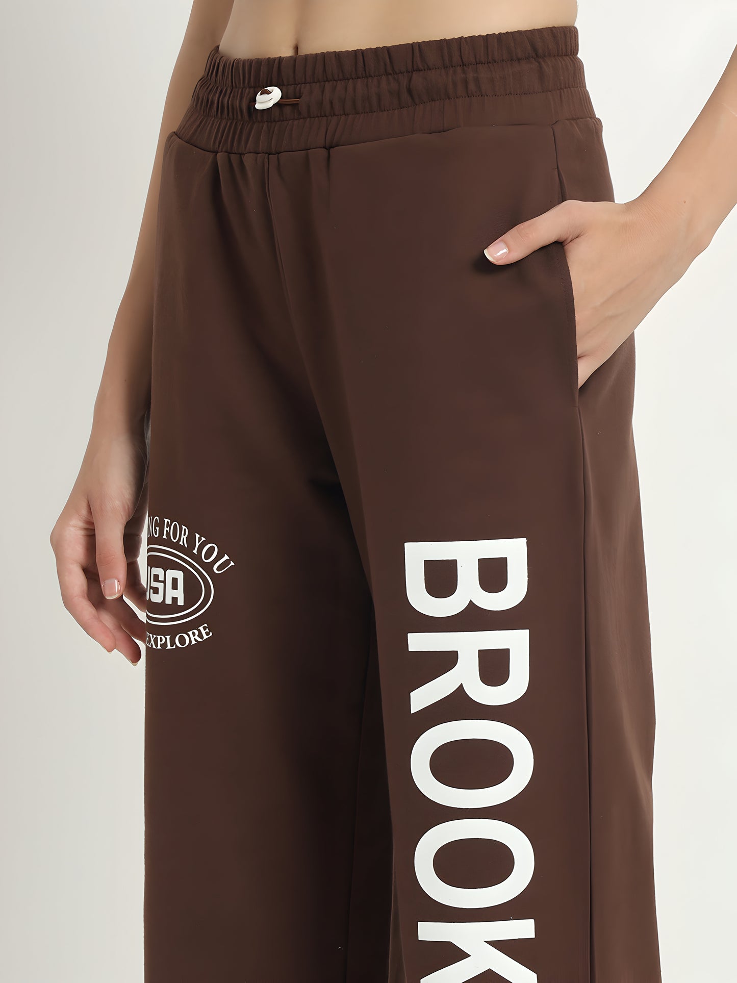Women's Brown Brooklyn Printed Wide Leg Track Pants – High Waist Casual Lounge Trousers