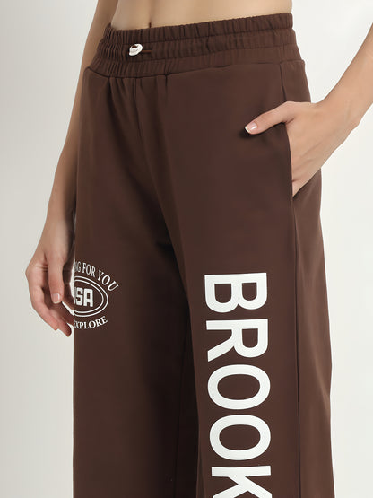 Women's Brown Brooklyn Printed Wide Leg Track Pants – High Waist Casual Lounge Trousers