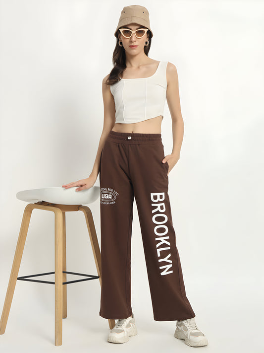 Women's Brown Brooklyn Printed Wide Leg Track Pants – High Waist Casual Lounge Trousers