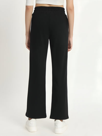 Women's Black Brooklyn Printed Wide Leg Track Pants | Premium Cotton Blend | Casual Palazzo Joggers