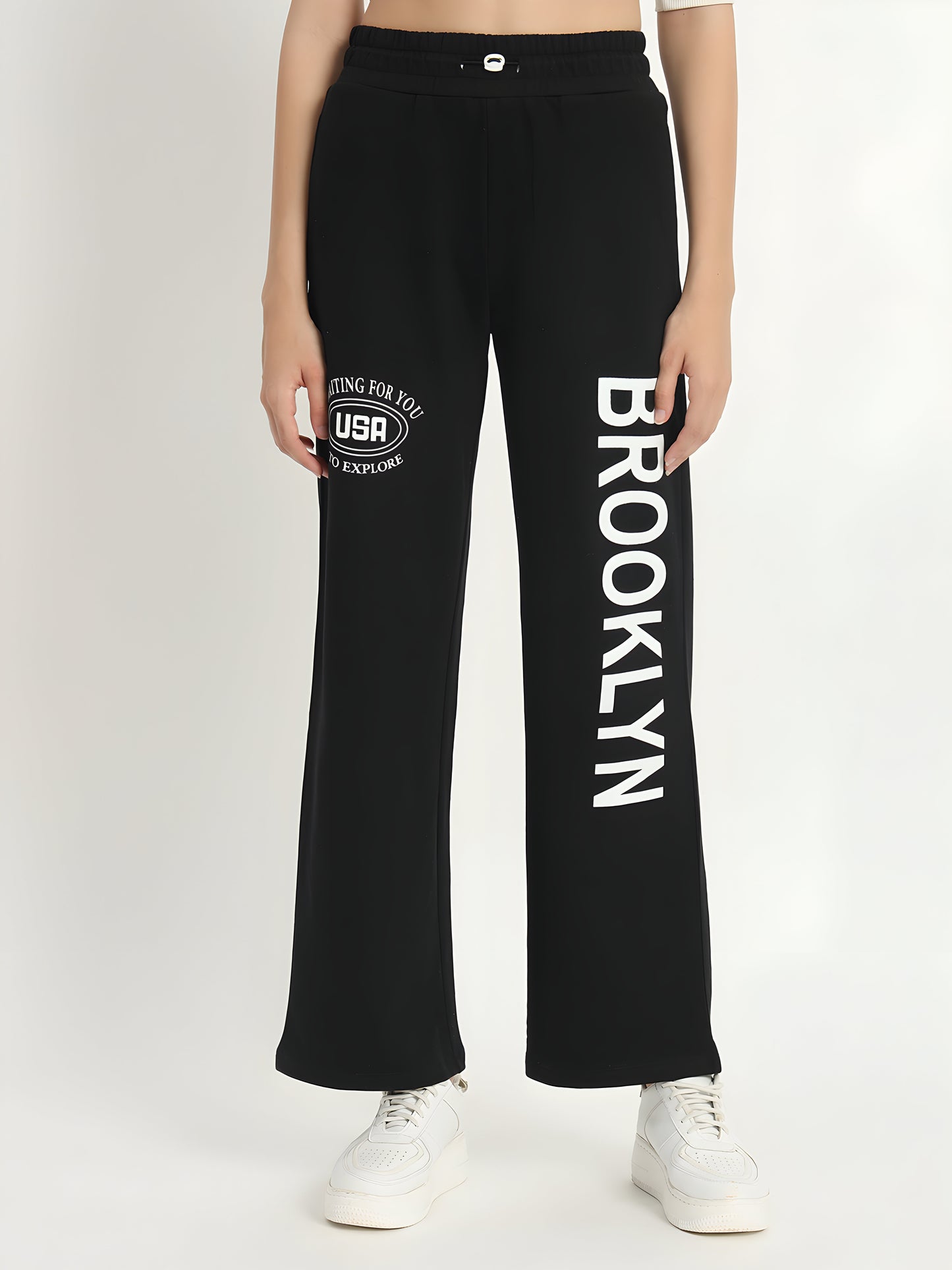 Women's Black Brooklyn Printed Wide Leg Track Pants | Premium Cotton Blend | Casual Palazzo Joggers