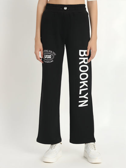 Women's Black Brooklyn Printed Wide Leg Track Pants | Premium Cotton Blend | Casual Palazzo Joggers