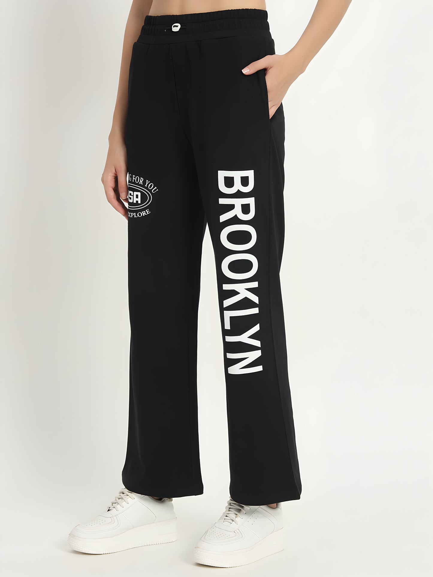 Women's Black Brooklyn Printed Wide Leg Track Pants | Premium Cotton Blend | Casual Palazzo Joggers