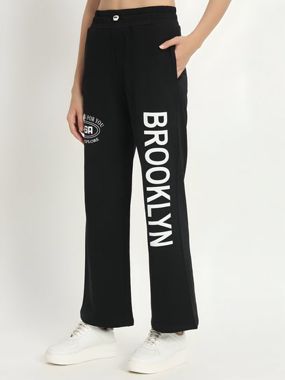 Women's Black Brooklyn Printed Wide Leg Track Pants | Premium Cotton Blend | Casual Palazzo Joggers