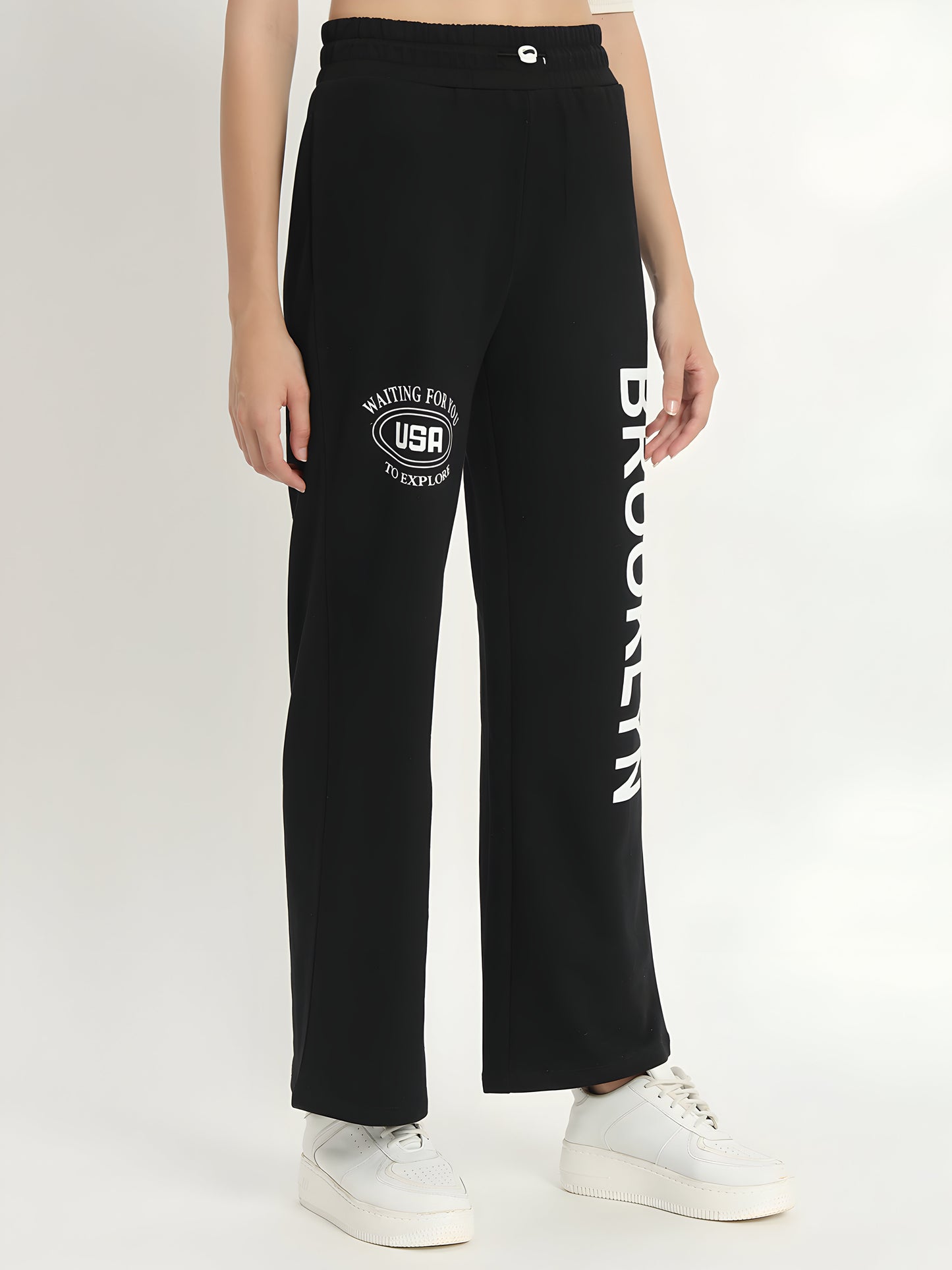 Women's Black Brooklyn Printed Wide Leg Track Pants | Premium Cotton Blend | Casual Palazzo Joggers