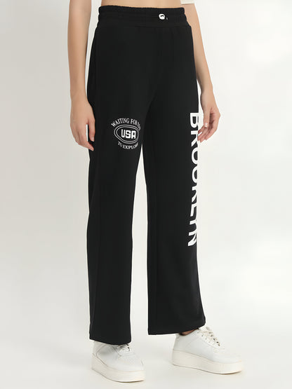 Women's Black Brooklyn Printed Wide Leg Track Pants | Premium Cotton Blend | Casual Palazzo Joggers