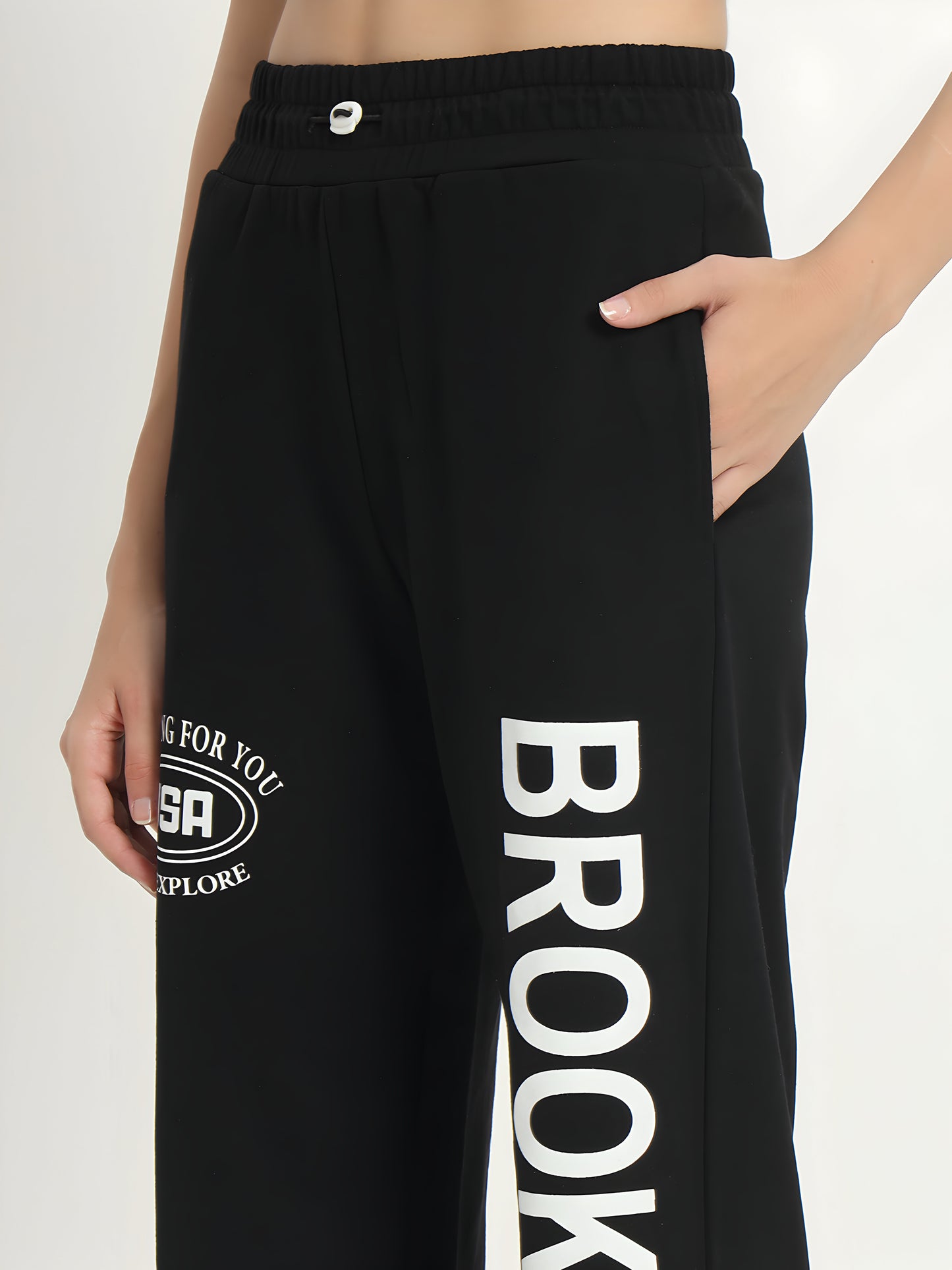 Women's Black Brooklyn Printed Wide Leg Track Pants | Premium Cotton Blend | Casual Palazzo Joggers