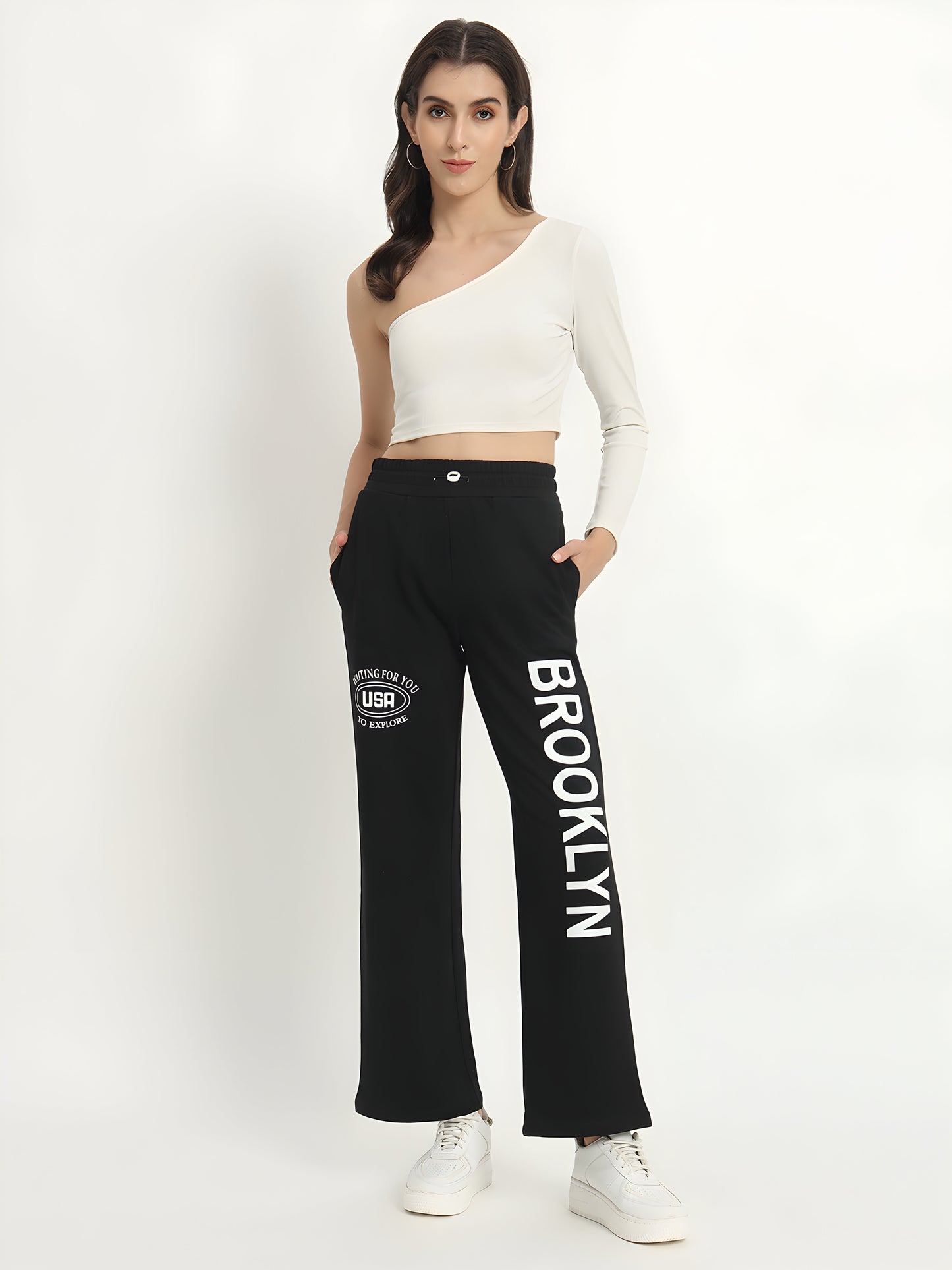 Women's Black Brooklyn Printed Wide Leg Track Pants | Premium Cotton Blend | Casual Palazzo Joggers