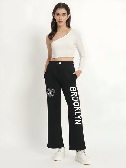 Women's Black Brooklyn Printed Wide Leg Track Pants | Premium Cotton Blend | Casual Palazzo Joggers