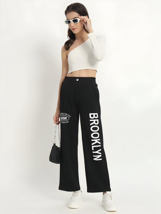 Women's Black Brooklyn Printed Wide Leg Track Pants | Premium Cotton Blend | Casual Palazzo Joggers