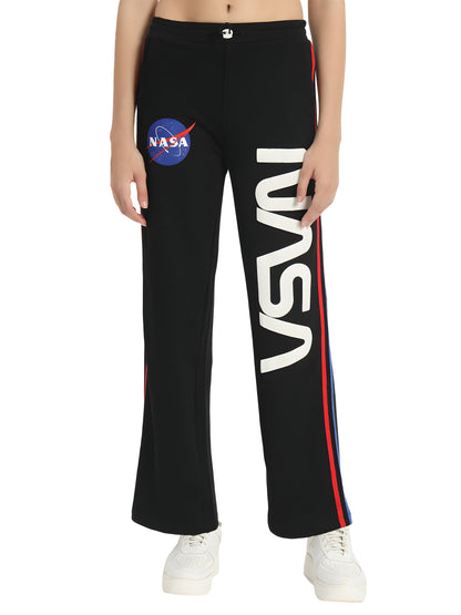 Women's Black NASA Printed Wide Leg Track Pants | Cotton Blend | Casual Sports Trousers