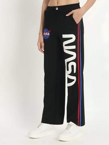 Women's Black NASA Printed Wide Leg Track Pants | Cotton Blend | Casual Sports Trousers