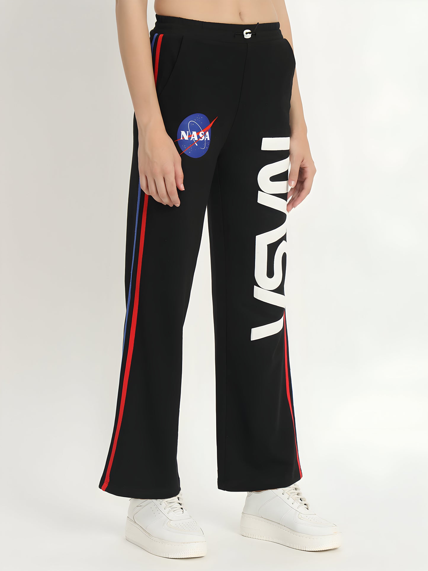 Women's Black NASA Printed Wide Leg Track Pants | Cotton Blend | Casual Sports Trousers