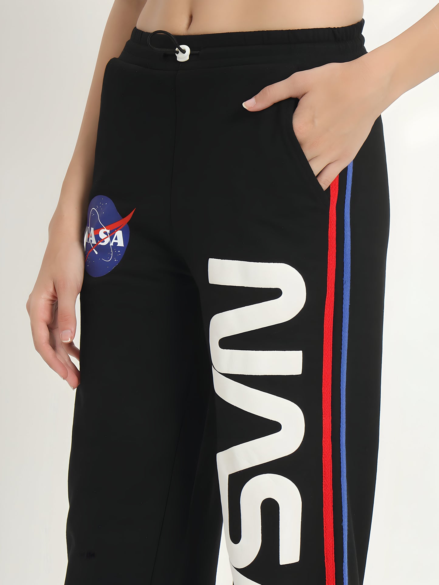 Women's Black NASA Printed Wide Leg Track Pants | Cotton Blend | Casual Sports Trousers