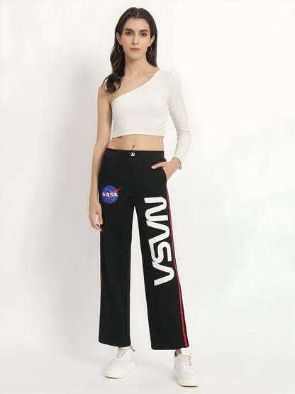Women's Black NASA Printed Wide Leg Track Pants | Cotton Blend | Casual Sports Trousers