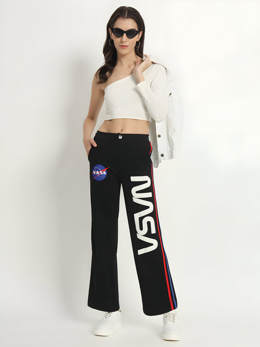 Women's Black NASA Printed Wide Leg Track Pants | Cotton Blend | Casual Sports Trousers