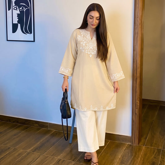 Sand Beige Floral Embroidered Tunic Kurta