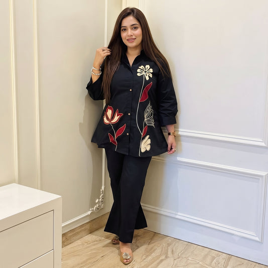 Black Botanical Appliqué Button-Down Tunic