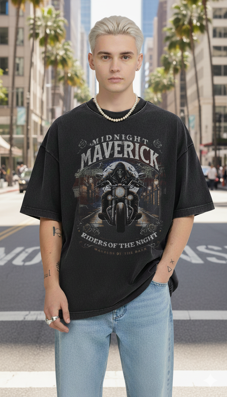 Men's Oversized Midnight Maverick Biker Graphic T-Shirt | Premium Cotton Acid Wash Tee