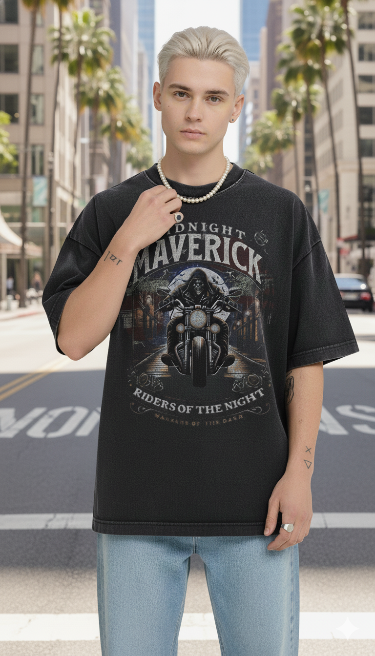 Men's Oversized Midnight Maverick Biker Graphic T-Shirt | Premium Cotton Acid Wash Tee