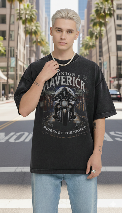 Men's Oversized Midnight Maverick Biker Graphic T-Shirt | Premium Cotton Acid Wash Tee
