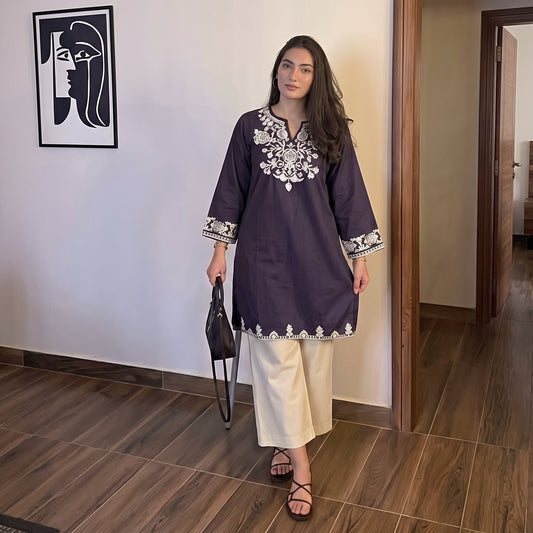 Midnight Purple Floral Embroidered Kurta Set