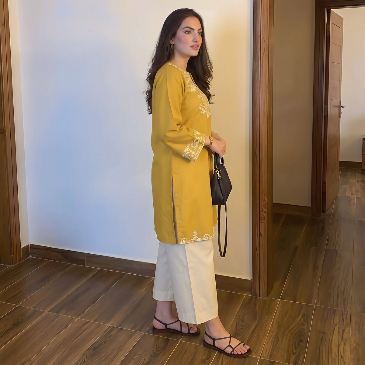 Mustard Yellow Floral Embroidered Kurta Set