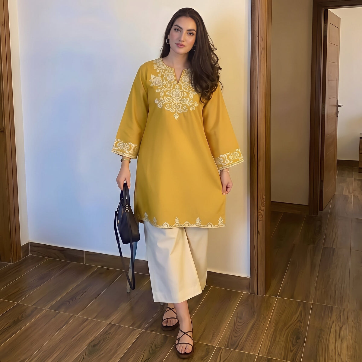 Mustard Yellow Floral Embroidered Kurta Set