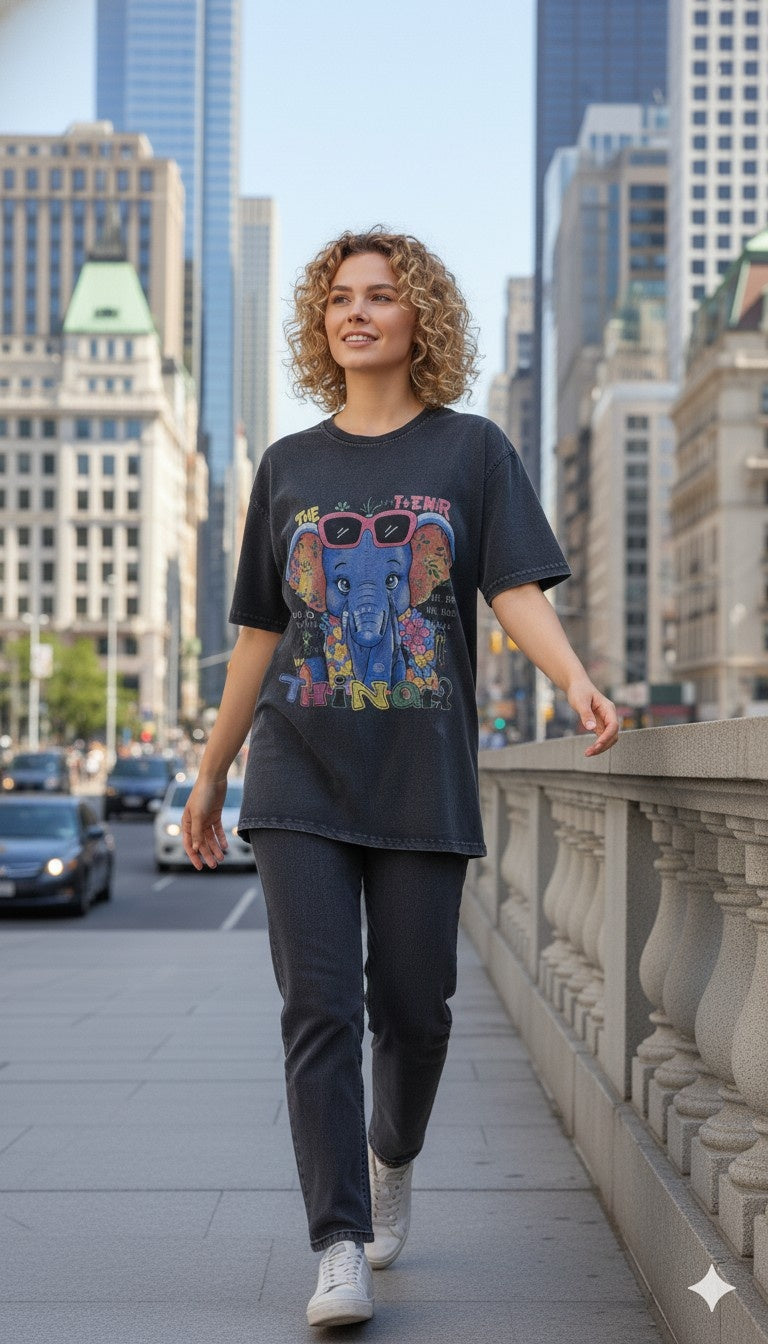 The I-Town Things Baby Elephant Oversized Acid Wash T-Shirt - 240 GSM Premium Cotton